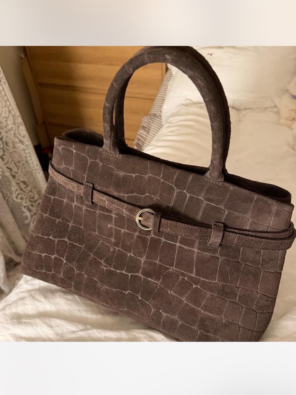 Croc-Embossed Suede Top-Handle Satchel in Dark Brown